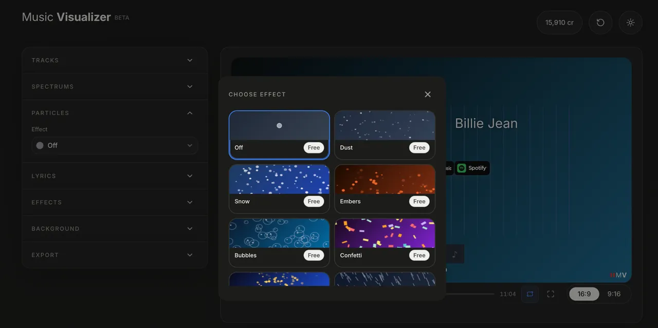 Particle effect styles and settings