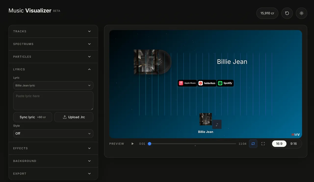 Lyrics panel with sync and LRC upload